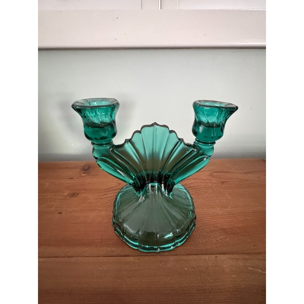 Jeannette Glass Ultramarine Swirl Double Green Candlestick Candle Holder Fan